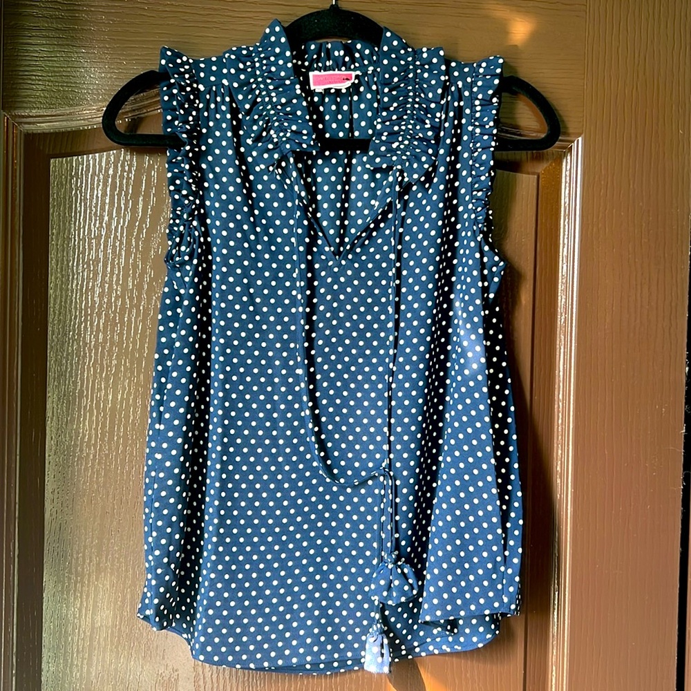 Kate Spade Navy Blue Polka Dot Top with Tassels, Size XS